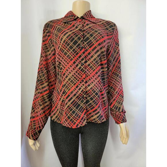 HALSTON LIFESTYLE Button Up Top BLOUSE SZ 10 Checkered Red & Black  NEW #C - Picture 6 of 9